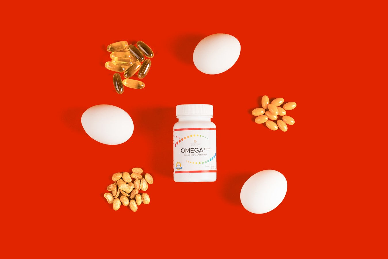 pill bottle, eggs and nuts