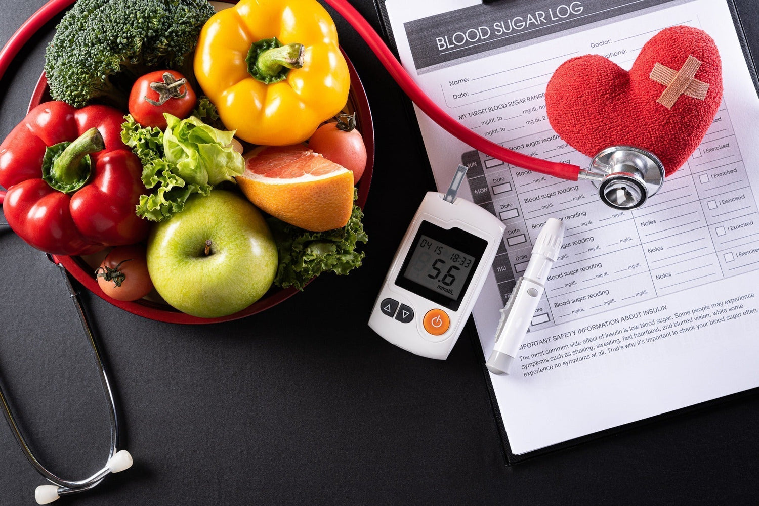 Patient's blood sugar control, diabetic measurement, and healthy food eating nutrition with red heart