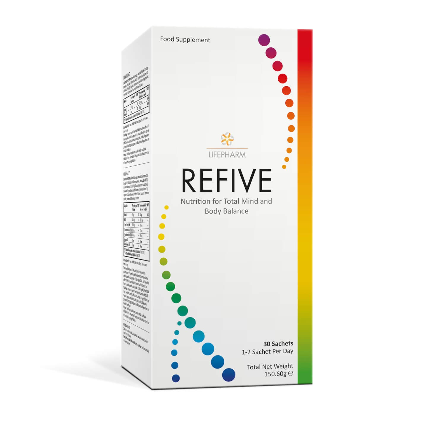 REFIVE daily supplement sachet and box combining omega fatty acids, probiotics, vitamin C & stem cell nutrition for total body health