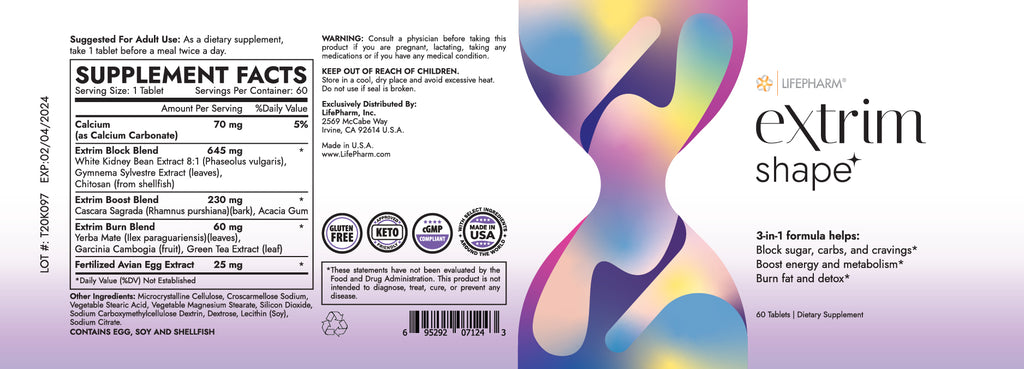 Label for LifePharm Extrim Shape+ dietary supplement, highlighting benefits like blocking sugar and boosting metabolism, with key ingredients listed.