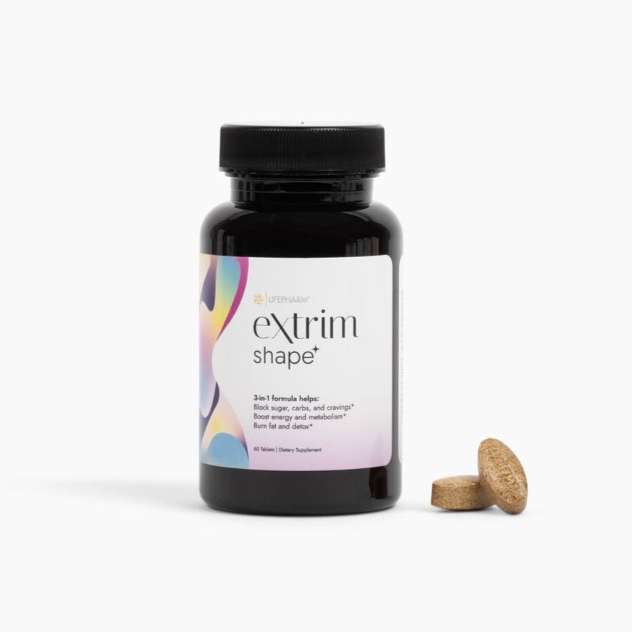 Extrim shape supplement bottle with two pills displayed prominently, emphasizing health and wellness.